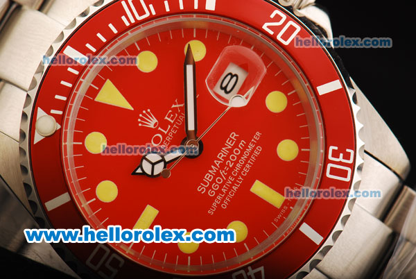 Rolex Submariner Automatic Movement Full Steel with Red Bezel and Red Dial - Yellow Markers - Click Image to Close